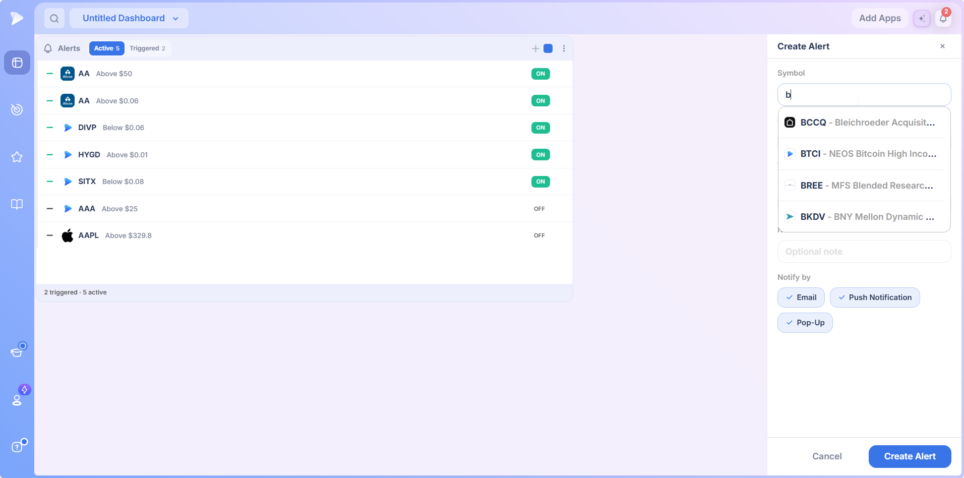 The Alerts symbol search mid query