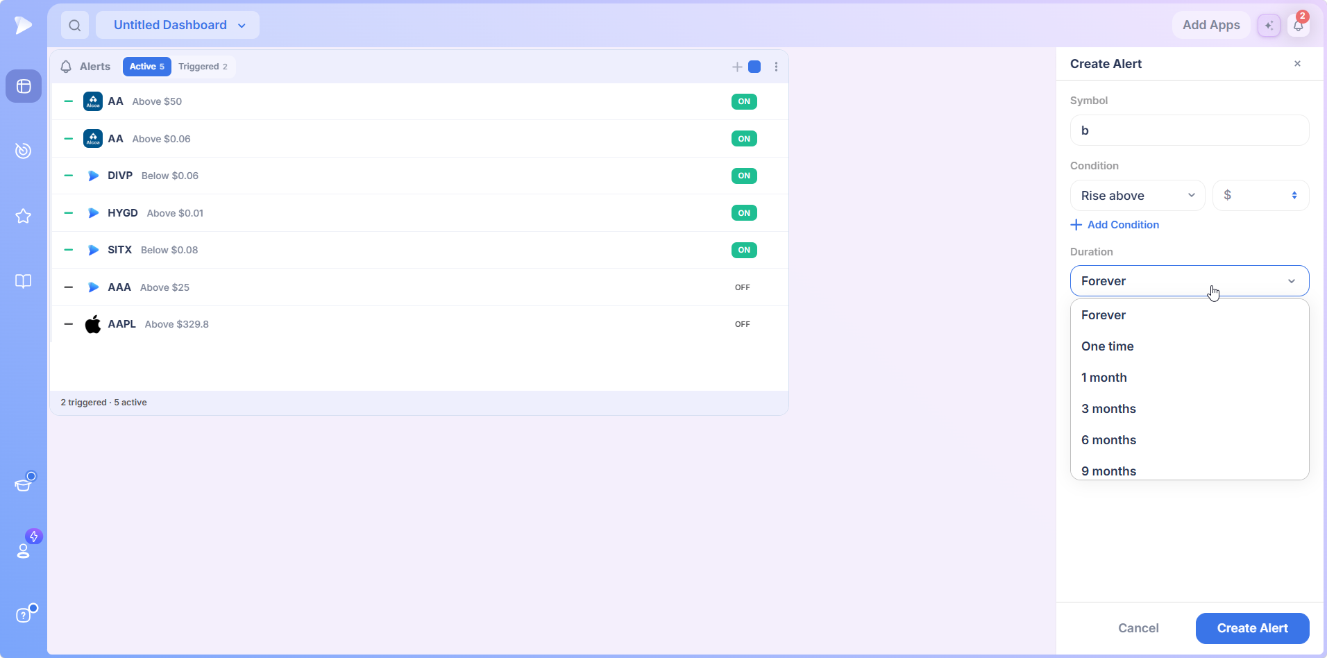 The Duration dropdown with Forever selected by default