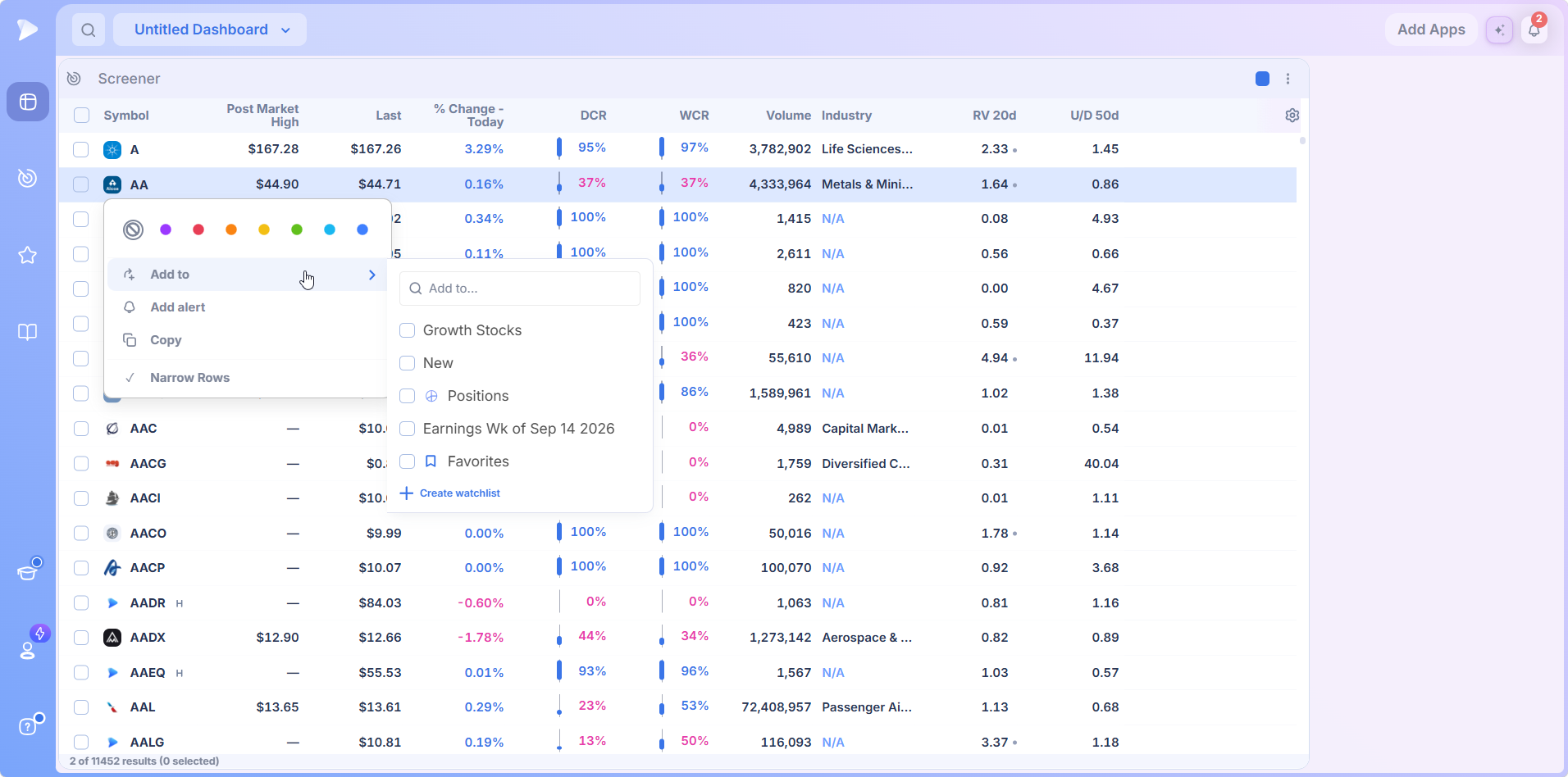 The Add to watchlist picker from a screener row