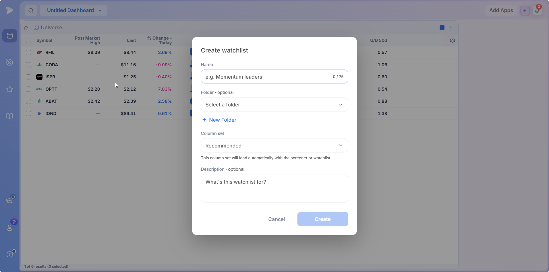Create watchlist dialog