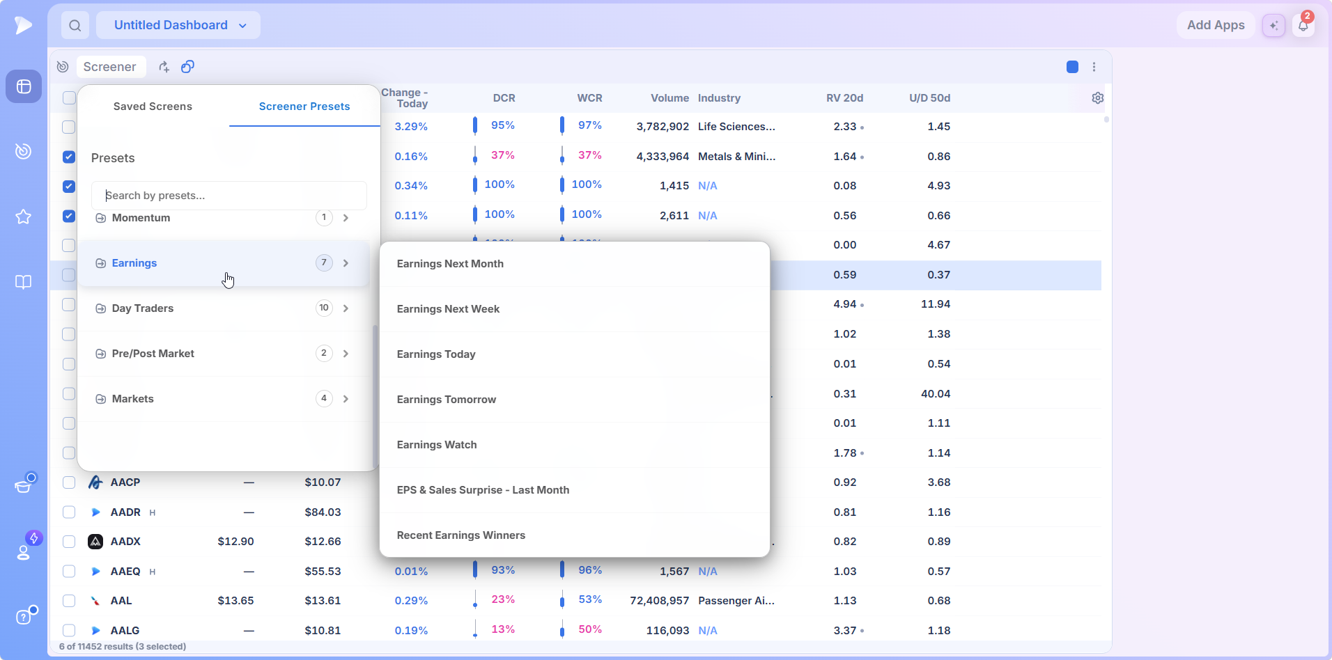 The Earnings presets category
