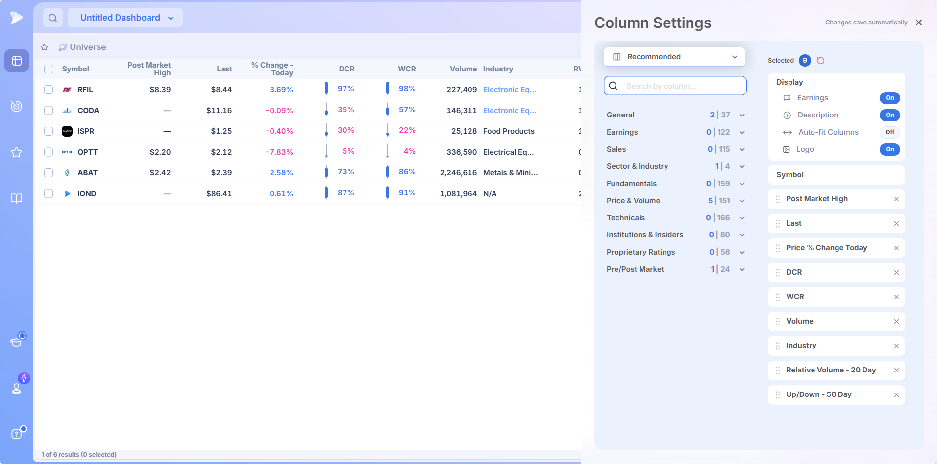 Column Settings panel
