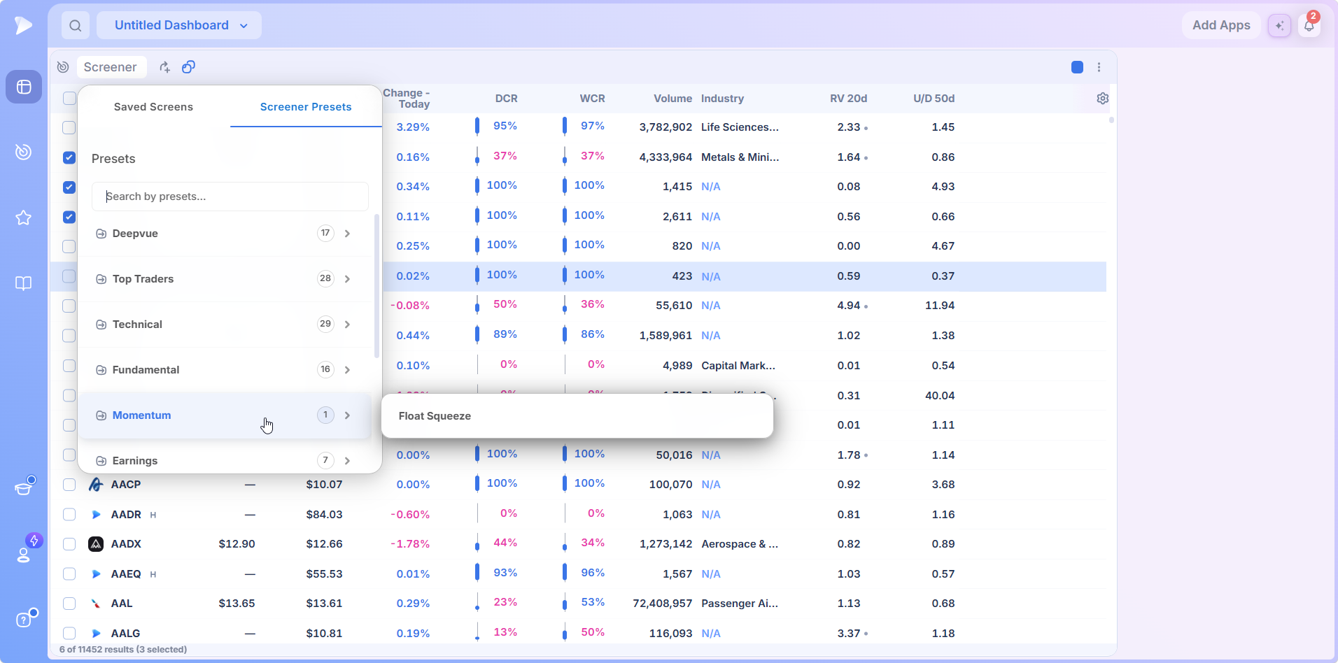 The Momentum presets category with Float Squeeze