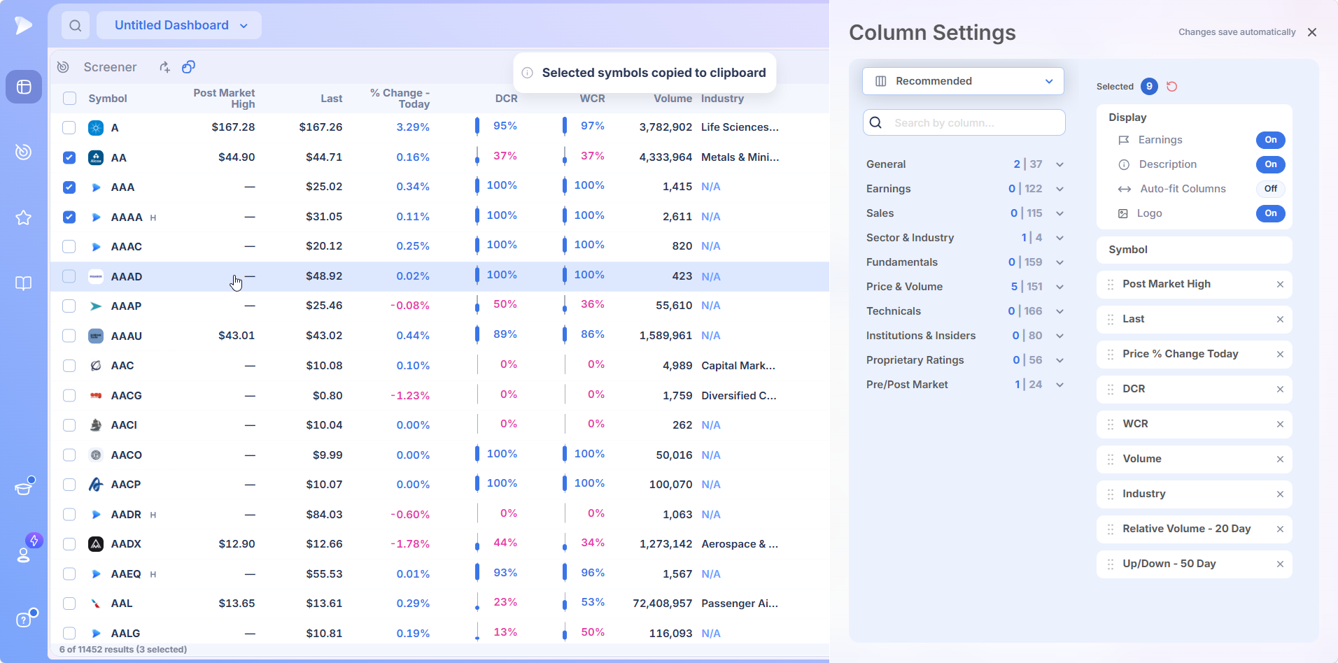 Three screener rows selected with symbols copied