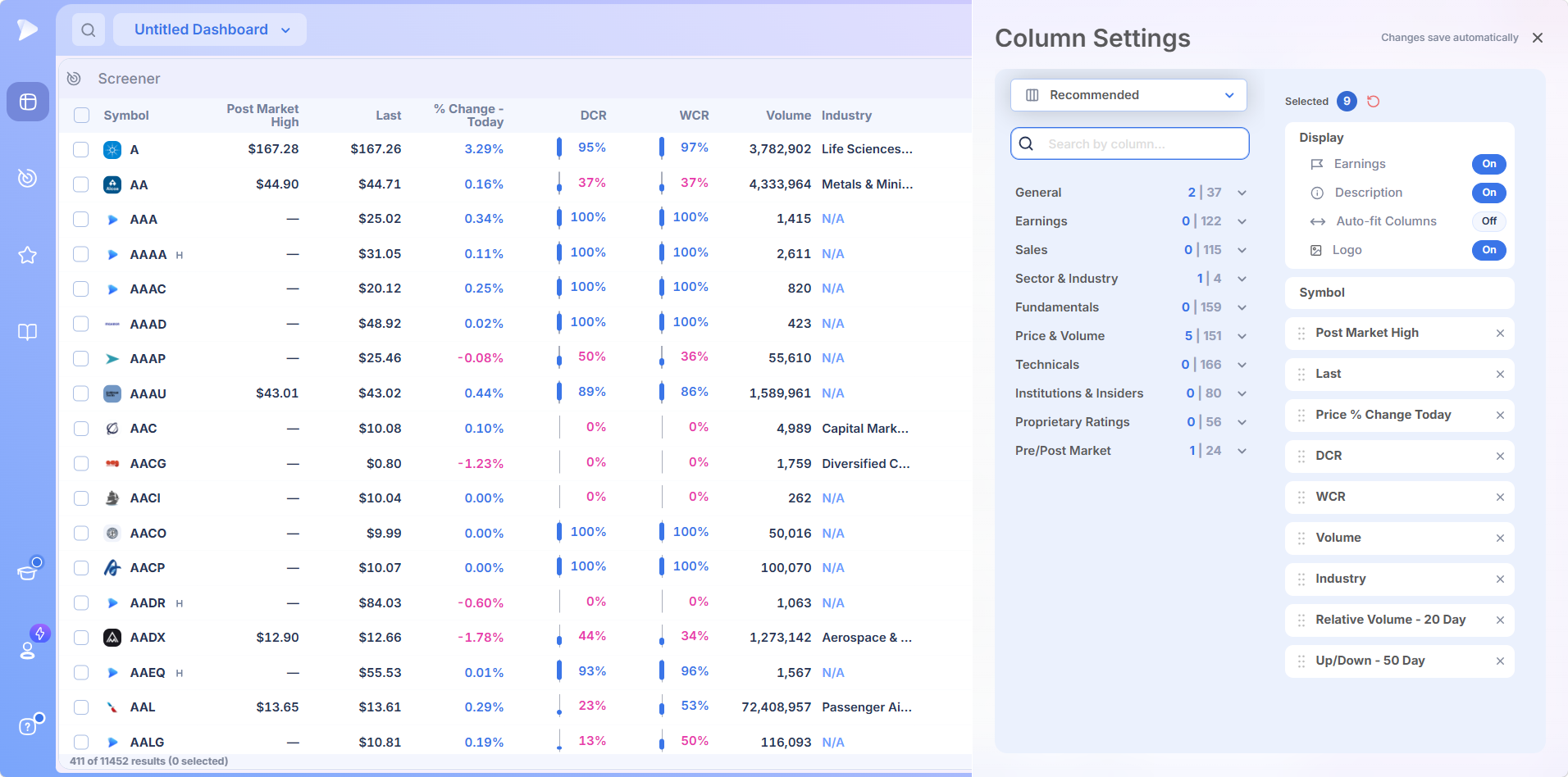 Column Settings panel on the screener