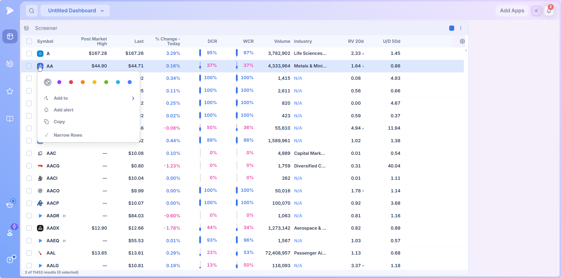 The screener row menu with color tags and actions