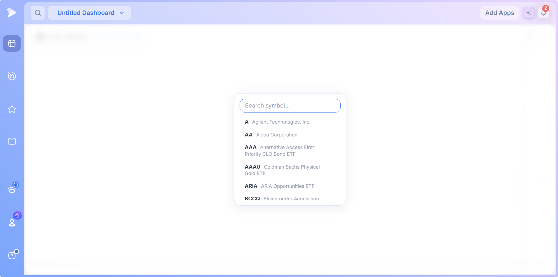 Mini Chart Search symbol panel listing tickers