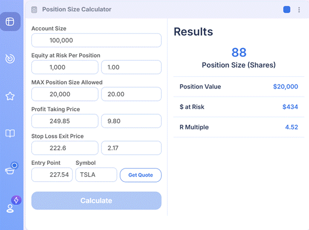 Deepvue Features | Every Tool on the Platform Explained Deepvue Position Size Calculator inputs and results animation