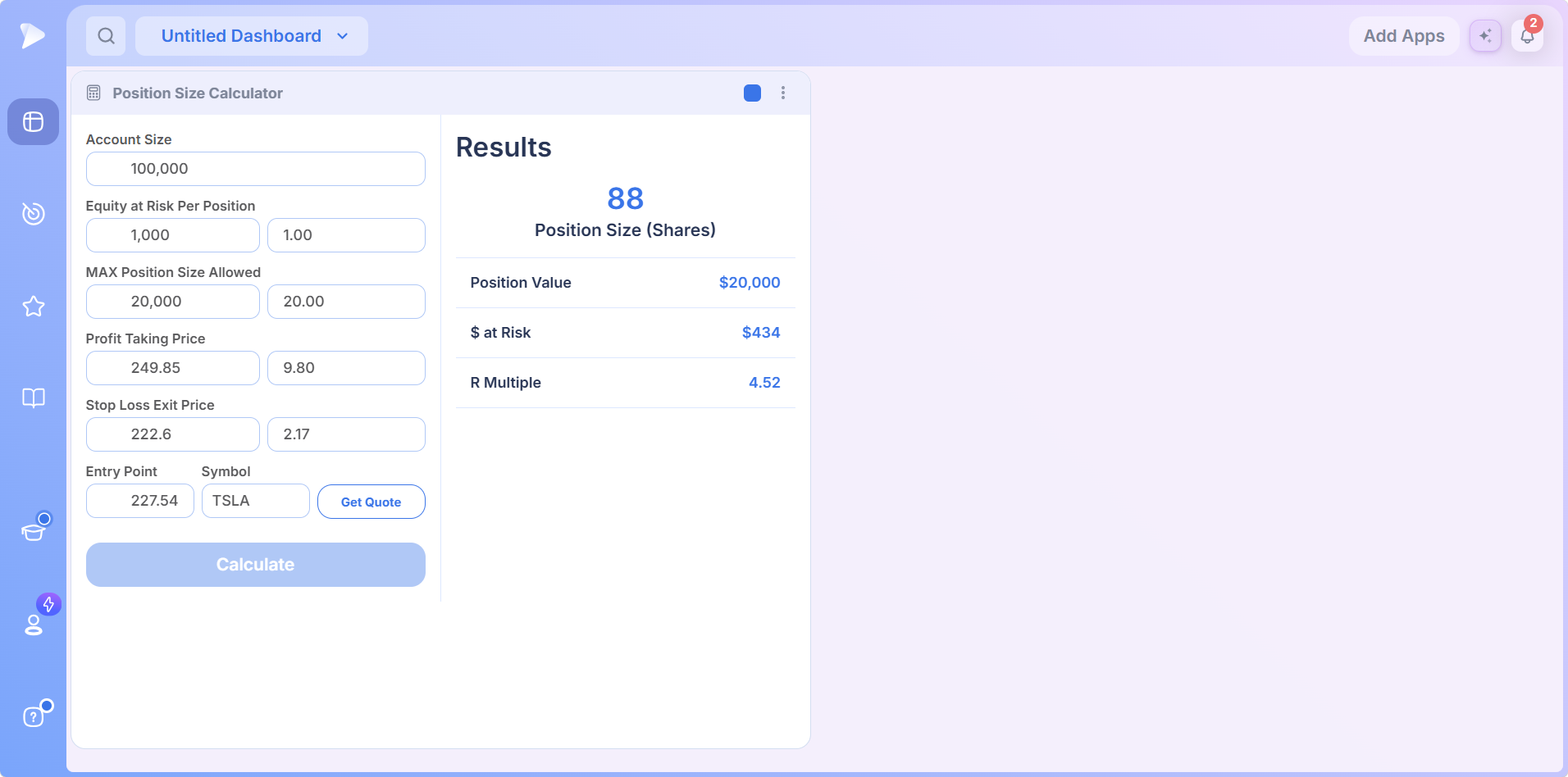 Position Size Calculator inputs and share count results