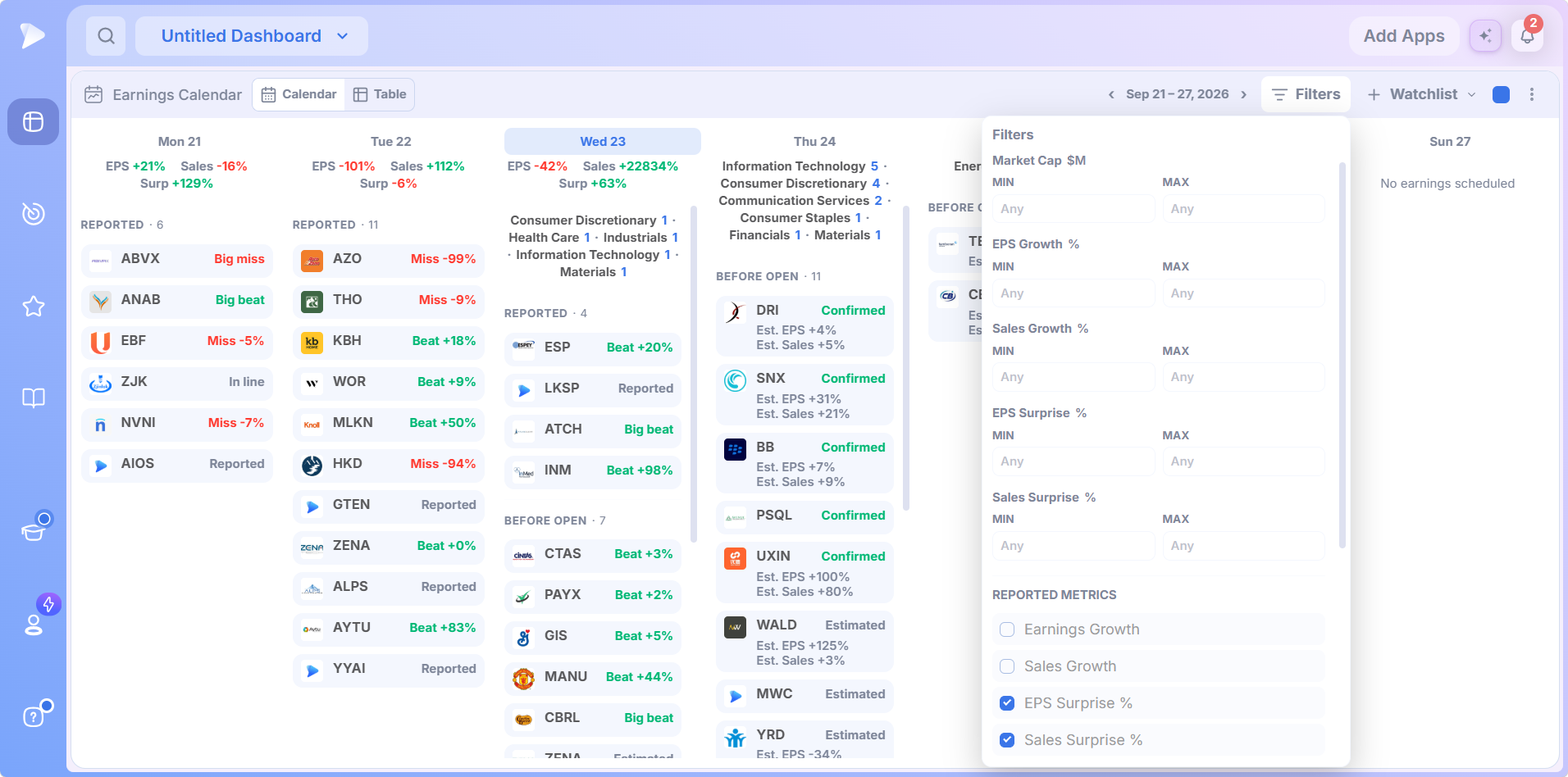 Earnings Calendar Filters panel with market cap, growth and surprise ranges