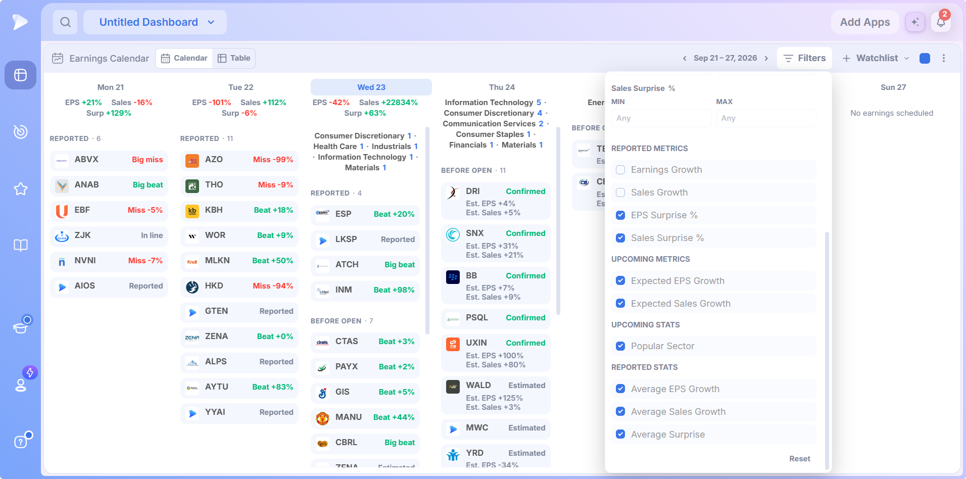 Earnings Calendar display checkboxes for reported and upcoming metrics and stats