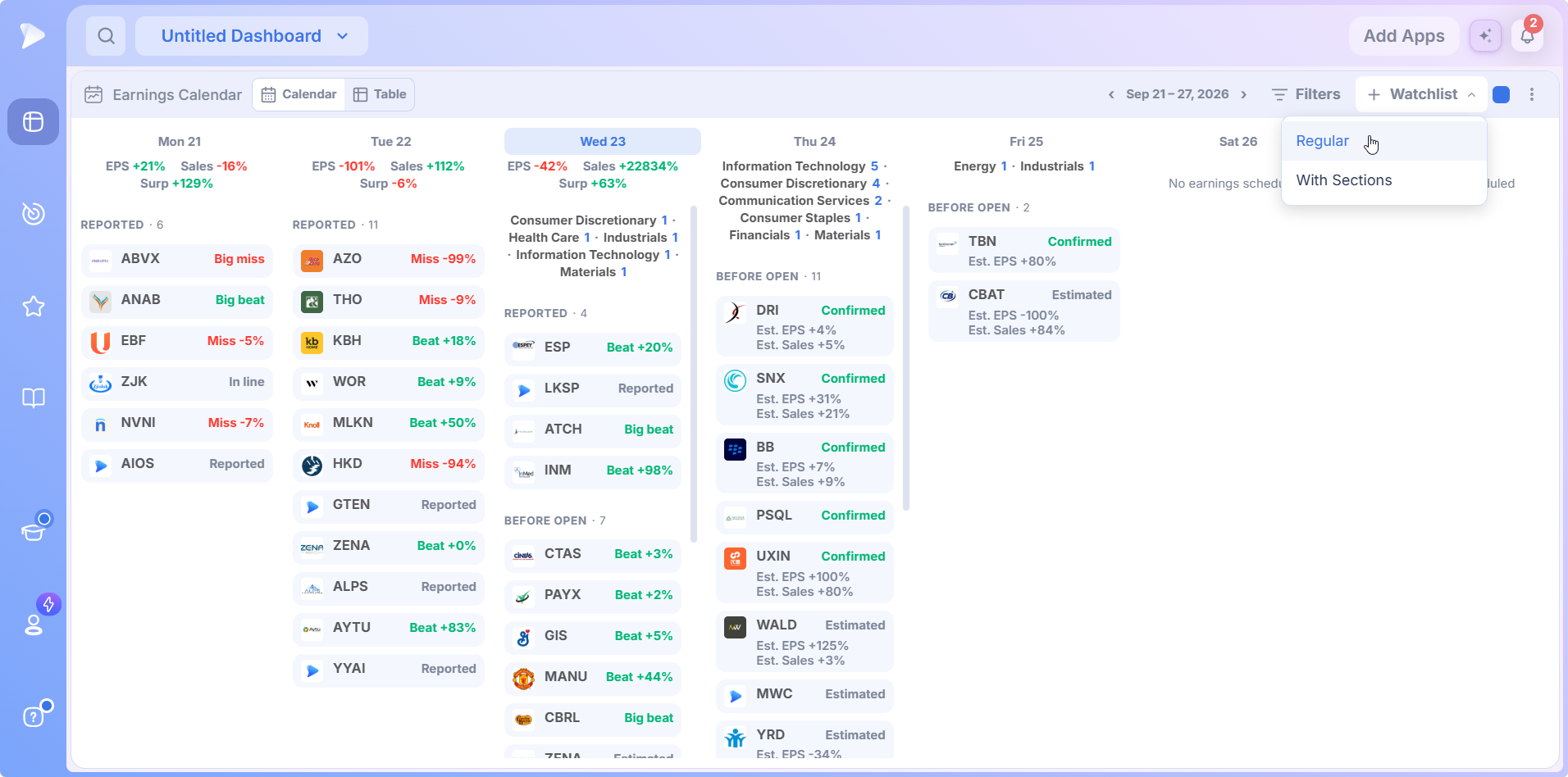 Earnings Calendar + Watchlist menu with Regular and With Sections options