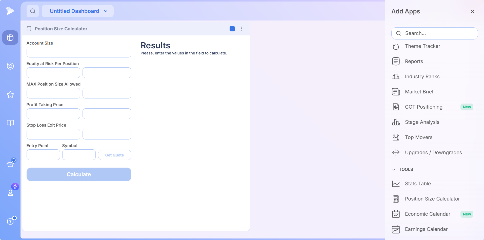 The empty Position Size Calculator beside the Add Apps Tools group