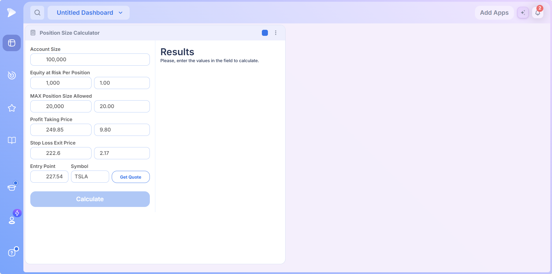 Paired dollar and percentage fields filled in with a symbol loaded