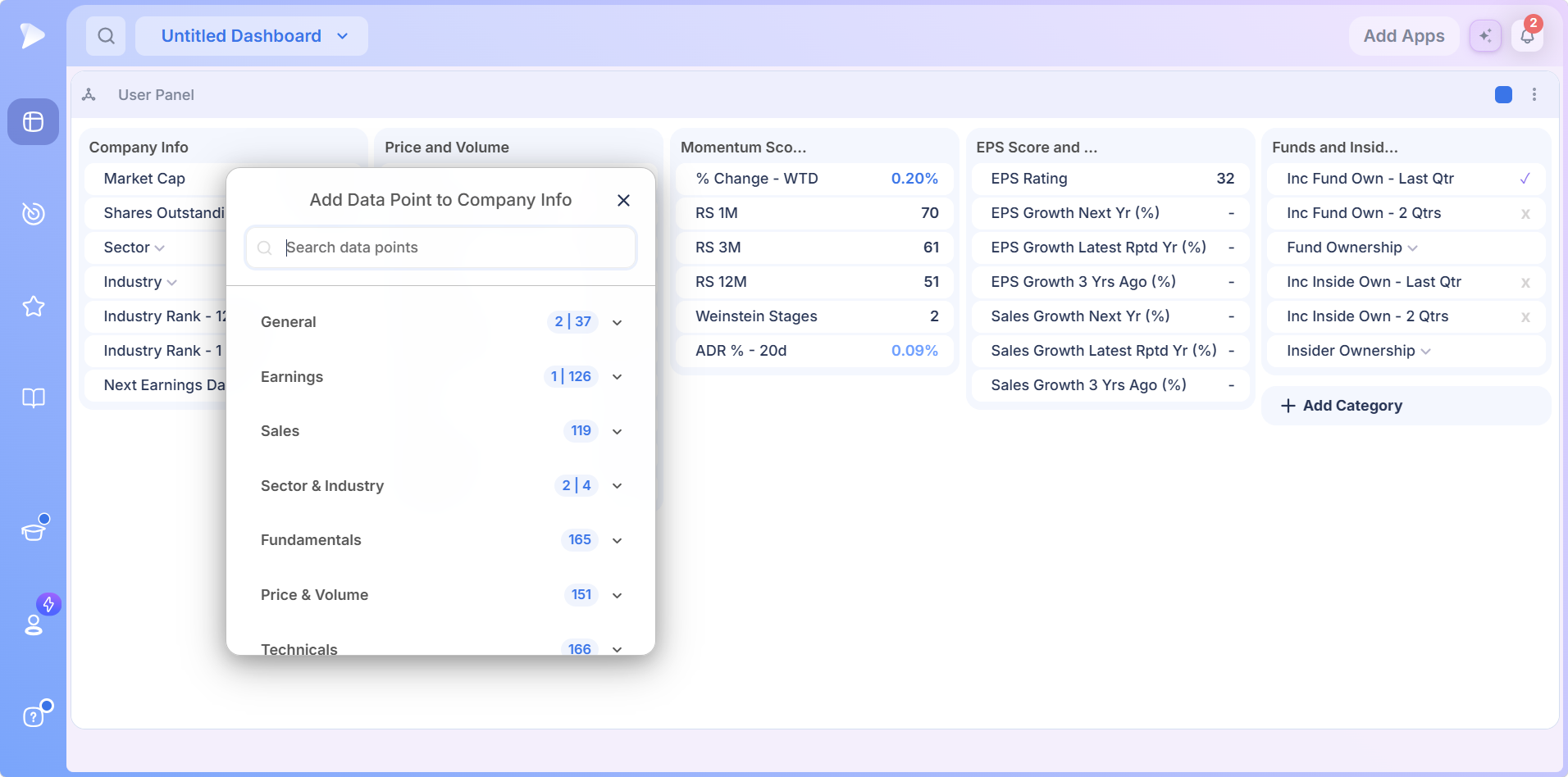Data Panel | Stock Fundamentals Beside Your Chart The Add Data Point to Company Info window with category badges