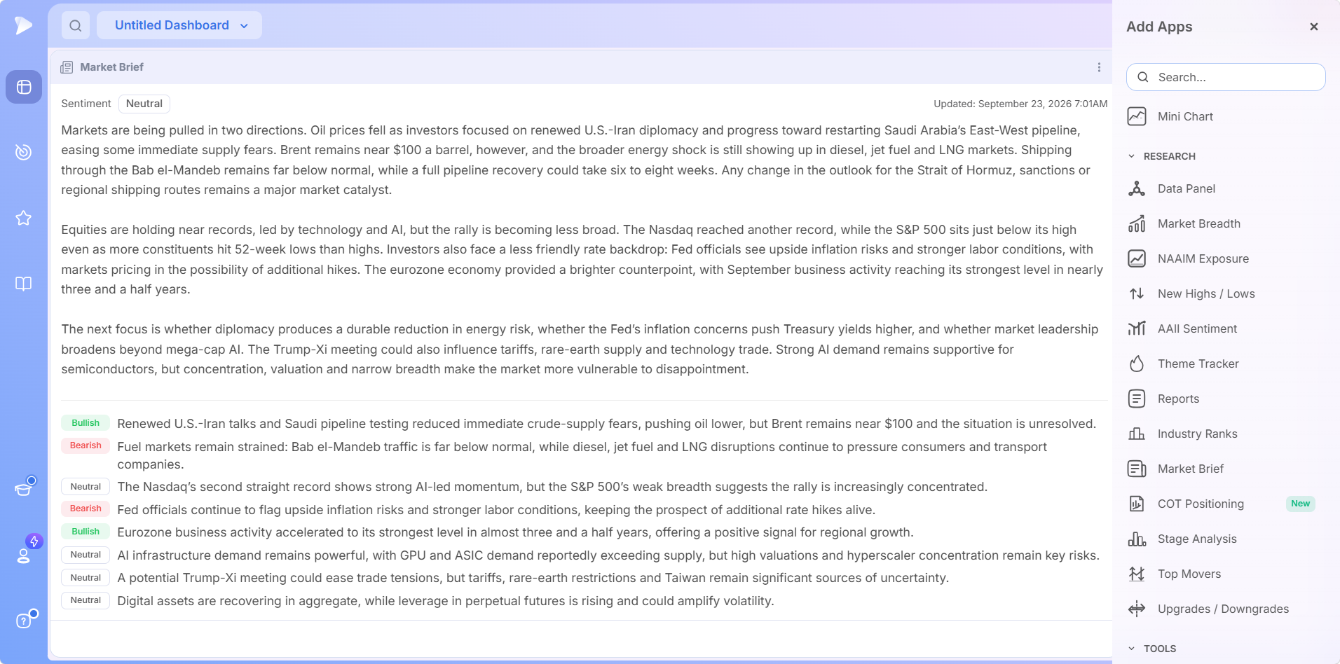 A full Market Brief with sentiment label, timestamp, summary and tagged headlines