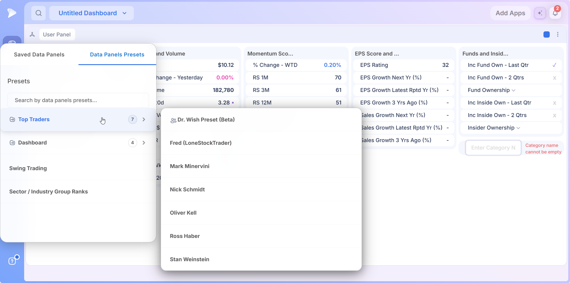 Data Panel | Stock Fundamentals Beside Your Chart The Top Traders presets submenu