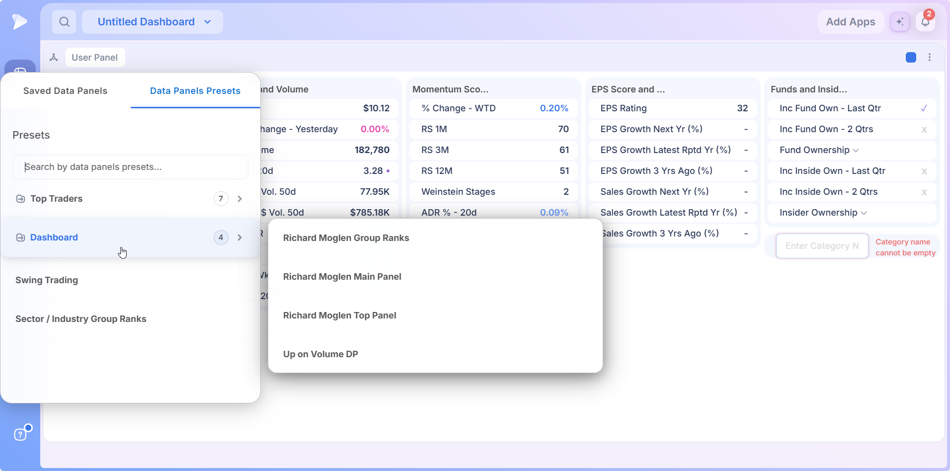 Data Panel | Stock Fundamentals Beside Your Chart The Dashboard presets submenu with Richard Moglen layouts