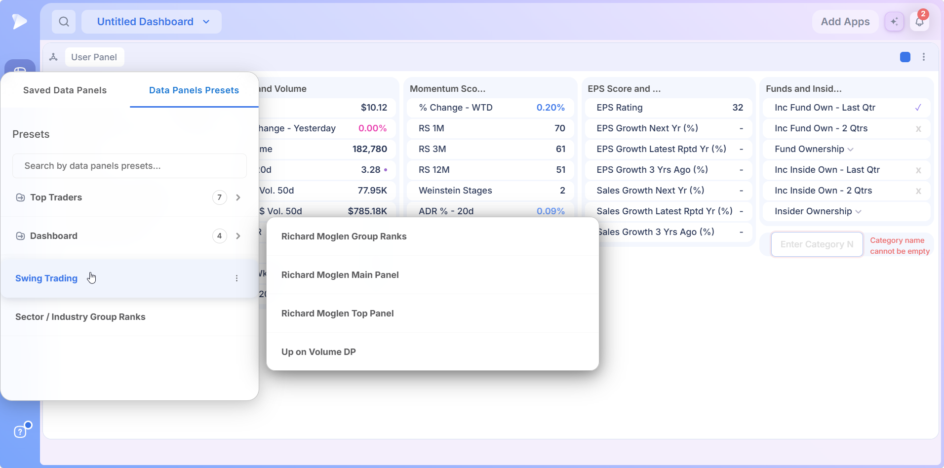 Data Panel | Stock Fundamentals Beside Your Chart Swing Trading and Group Ranks presets with a three dot menu