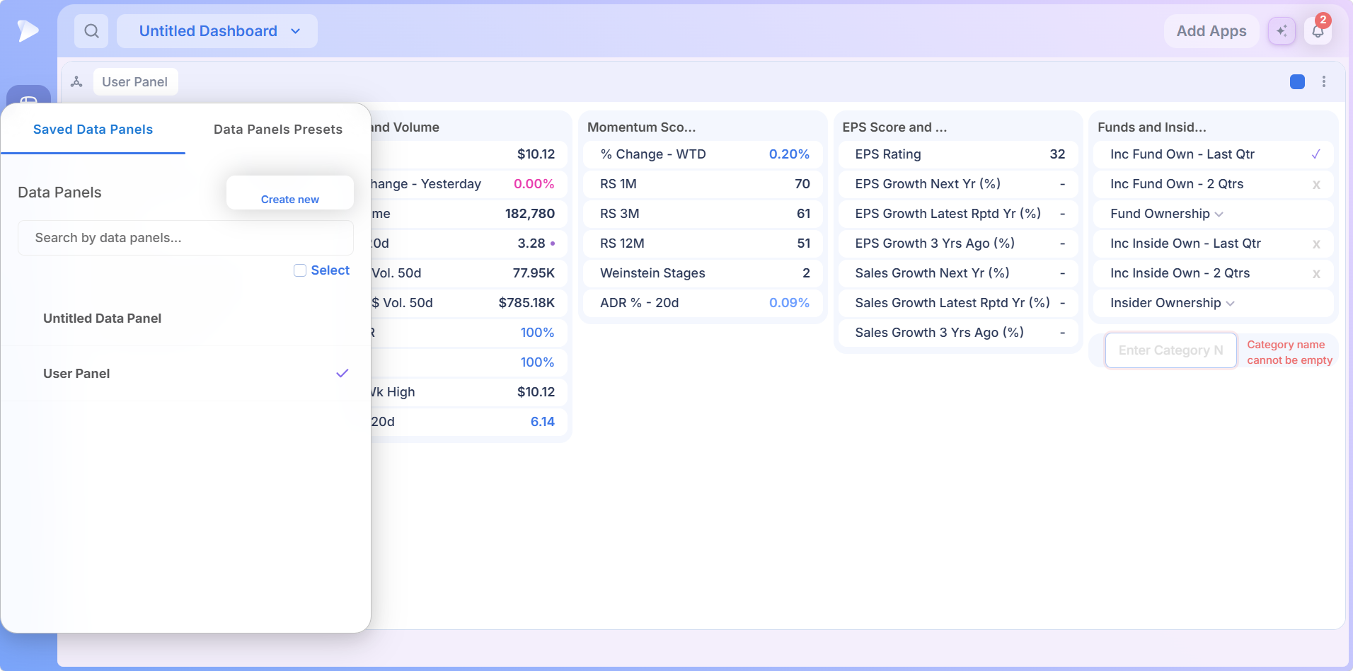Data Panel | Stock Fundamentals Beside Your Chart The Saved Data Panels tab with Create new and Select