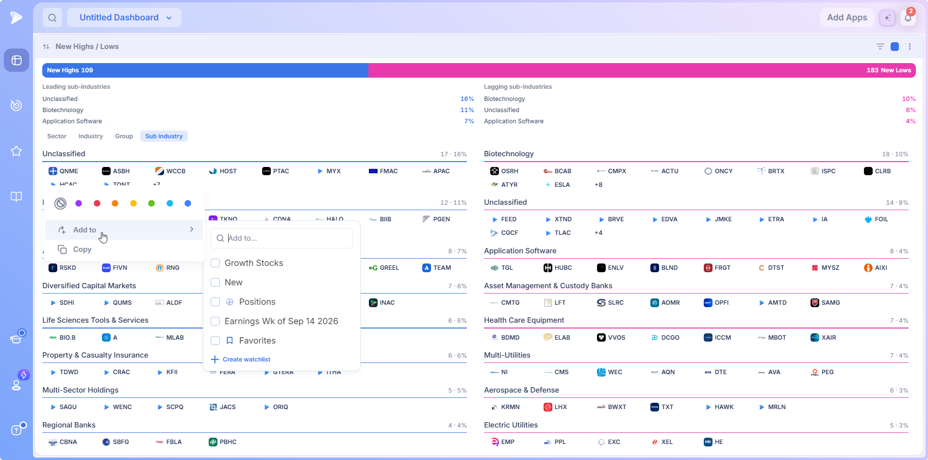 New Highs Lows ticker quick menu with color tags and watchlist picker