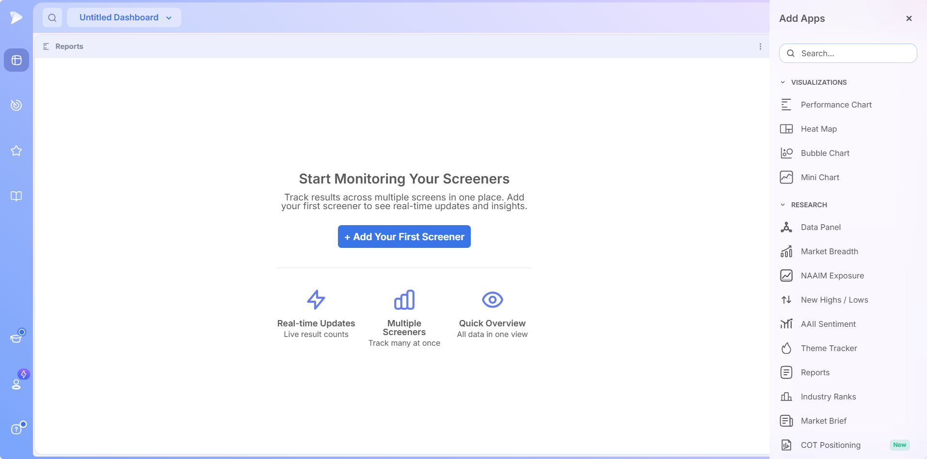 Reports app introduction screen with Add Your First Screener button