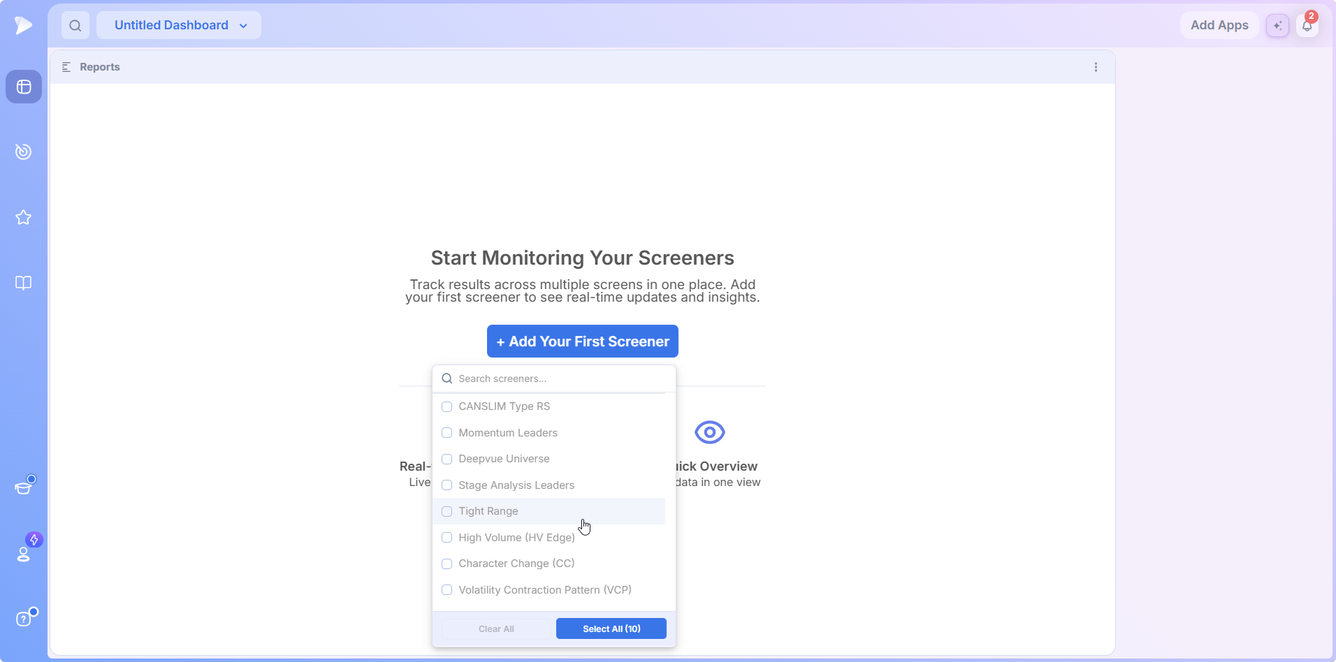 Reports screen picker with search box, checkboxes, Clear All and Select All