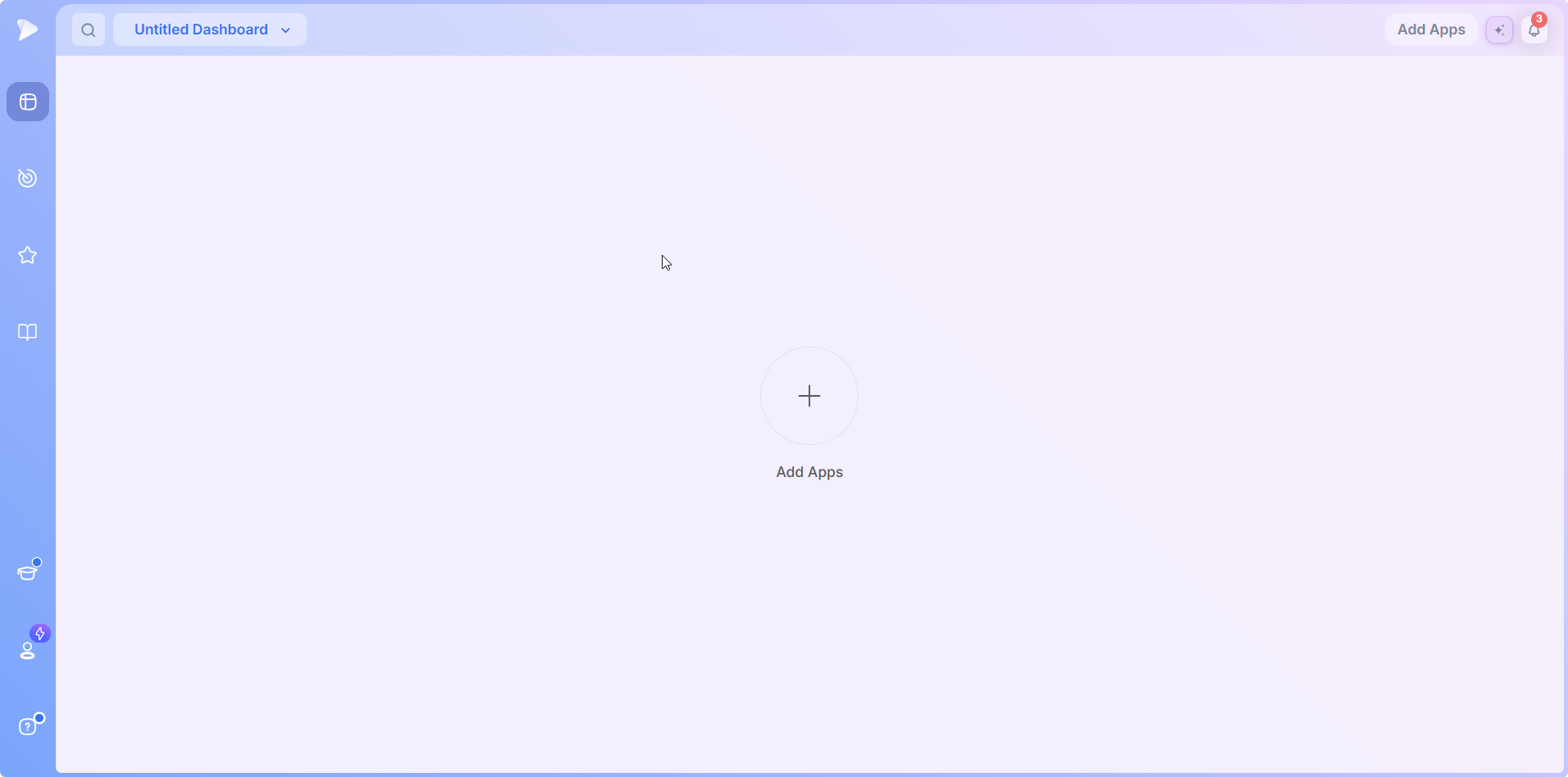 An empty dashboard with the Add Apps circle in the middle