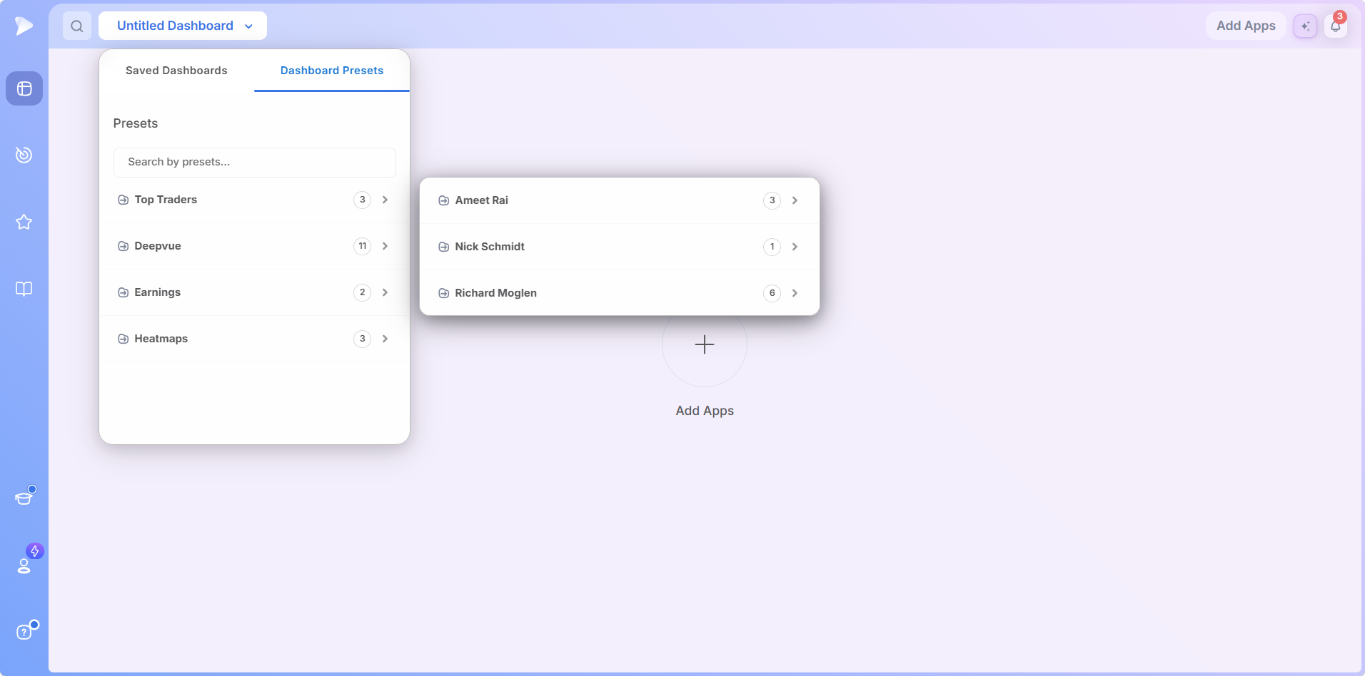 The Dashboard Presets menu with the Top Traders folder open