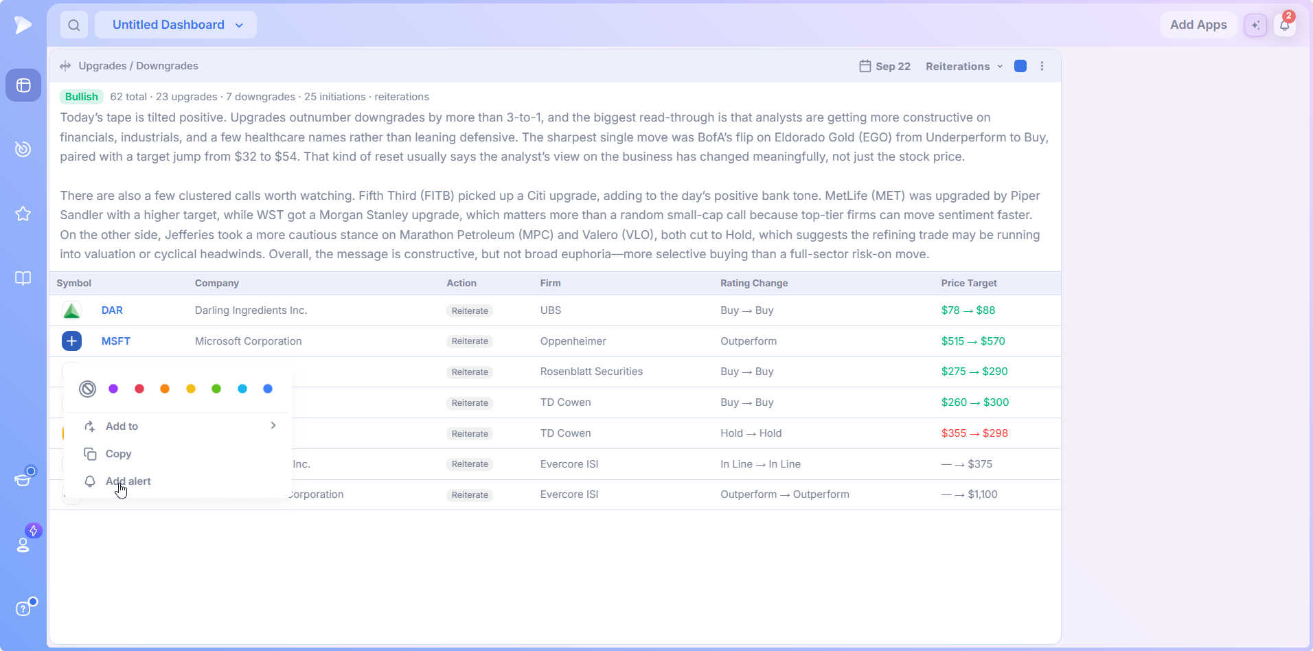 Quick menu with Add alert selected