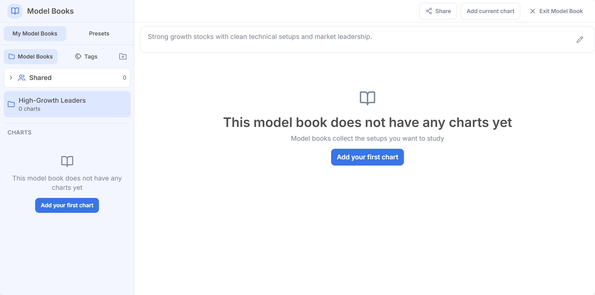 Empty new model book with Add your first chart button