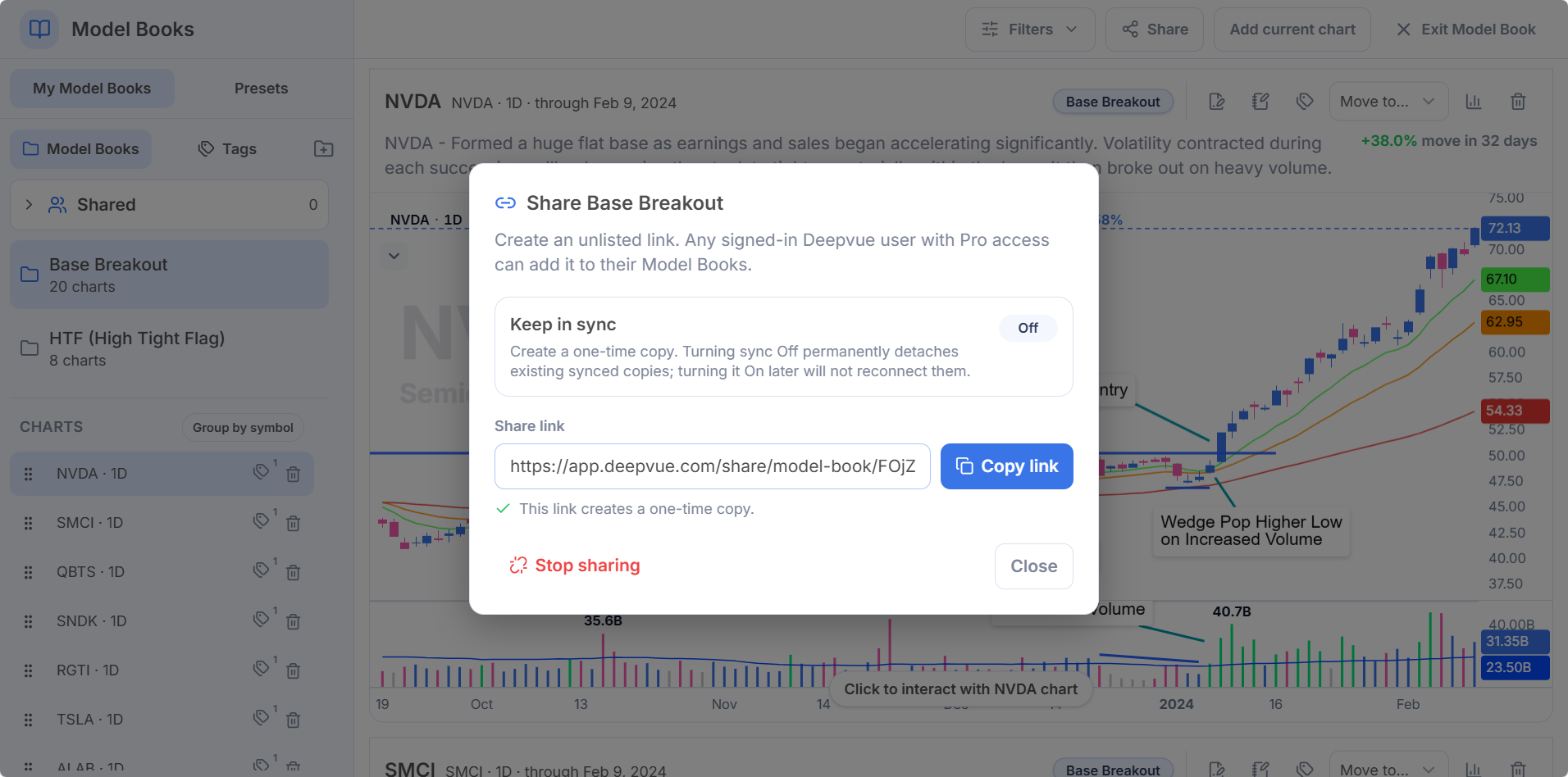 Generated share link with Copy link and Stop sharing