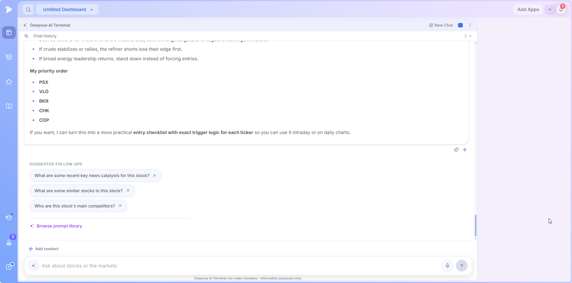 AI Terminal suggested follow up prompts with Browse prompt library link