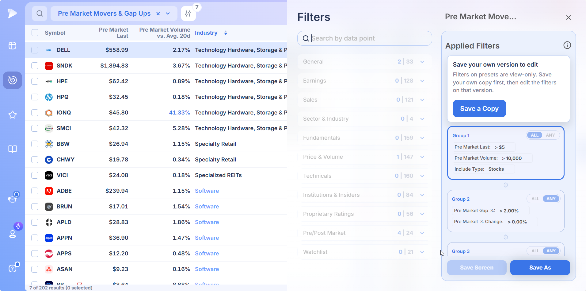 Pre Market Movers and Gap Ups preset filter groups with ALL and ANY operators in the Deepvue screener