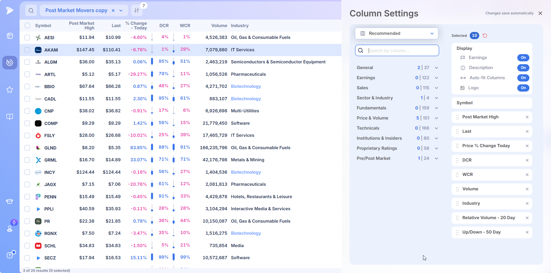 Deepvue column set picker with fields sorted into categories