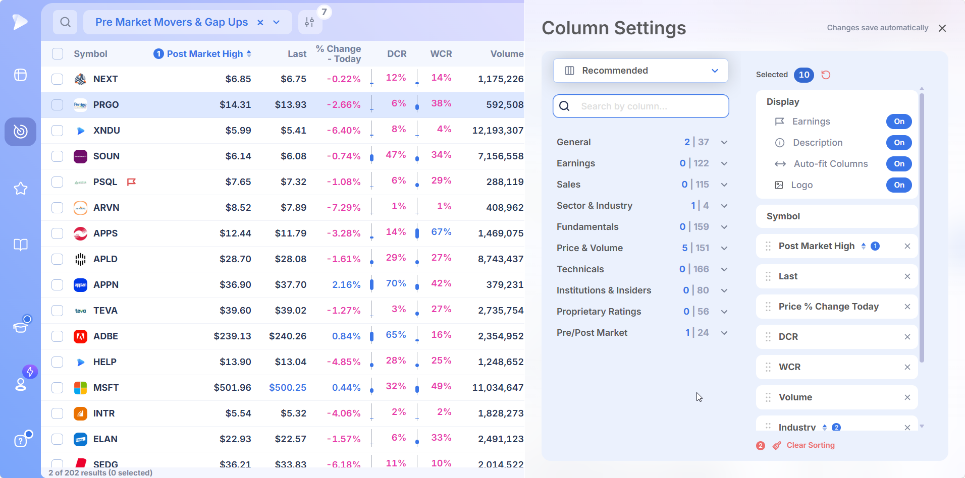 Stock Screener by Market Timing | Live, Premarket, After Hours | Deepvue Deepvue premarket stock screener column set showing premarket price, volume and gap percentage