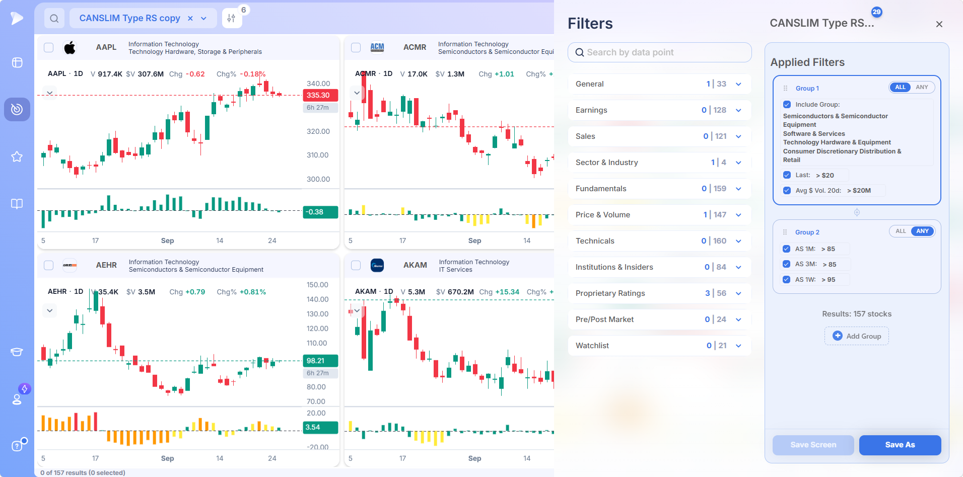 Stock Screener by Market Timing | Live, Premarket, After Hours | Deepvue Deepvue screener filter conditions grouped with ALL and ANY logic