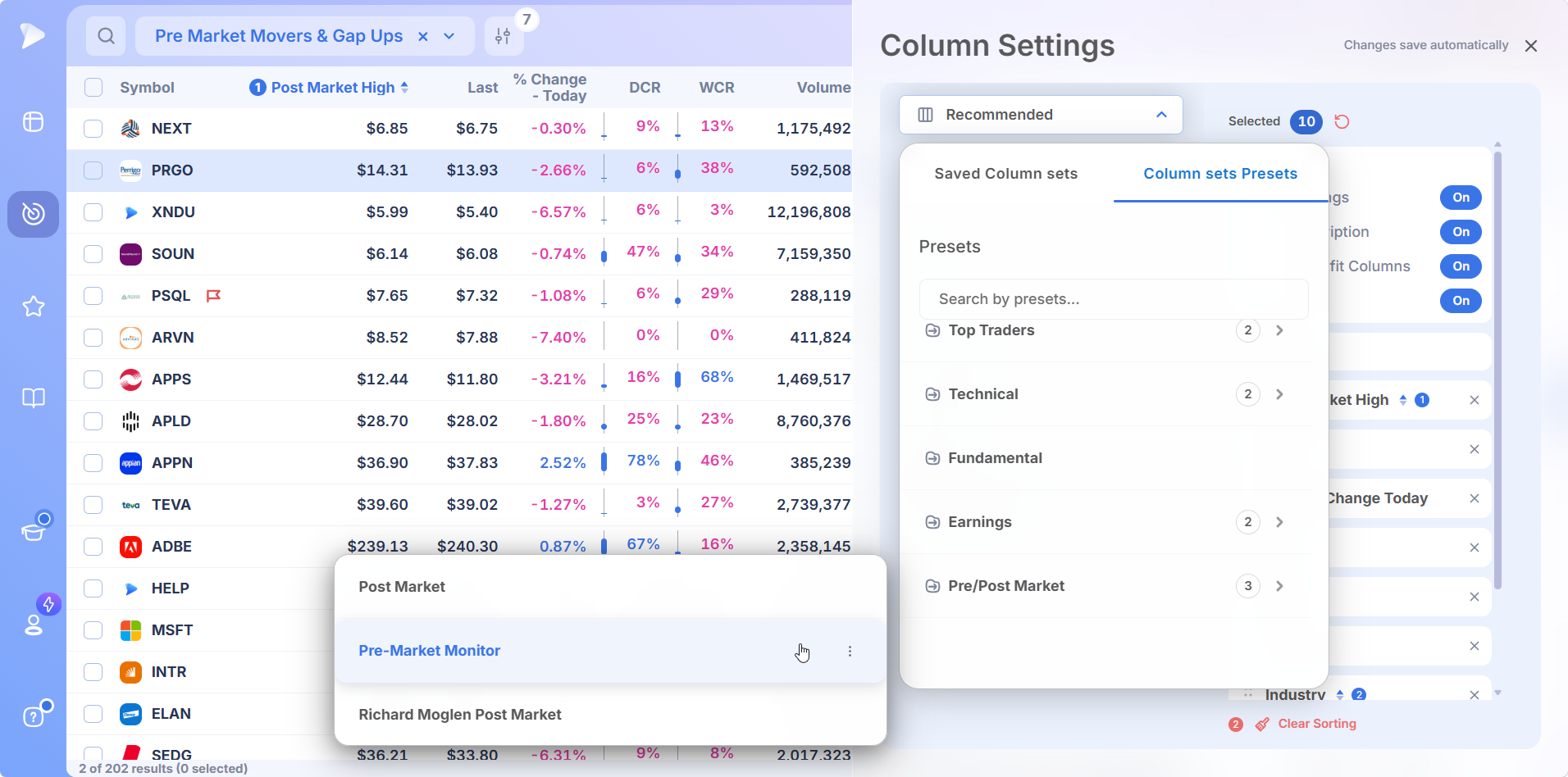Stock Screener by Market Timing | Live, Premarket, After Hours | Deepvue Deepvue saved screener column layouts grouped by category