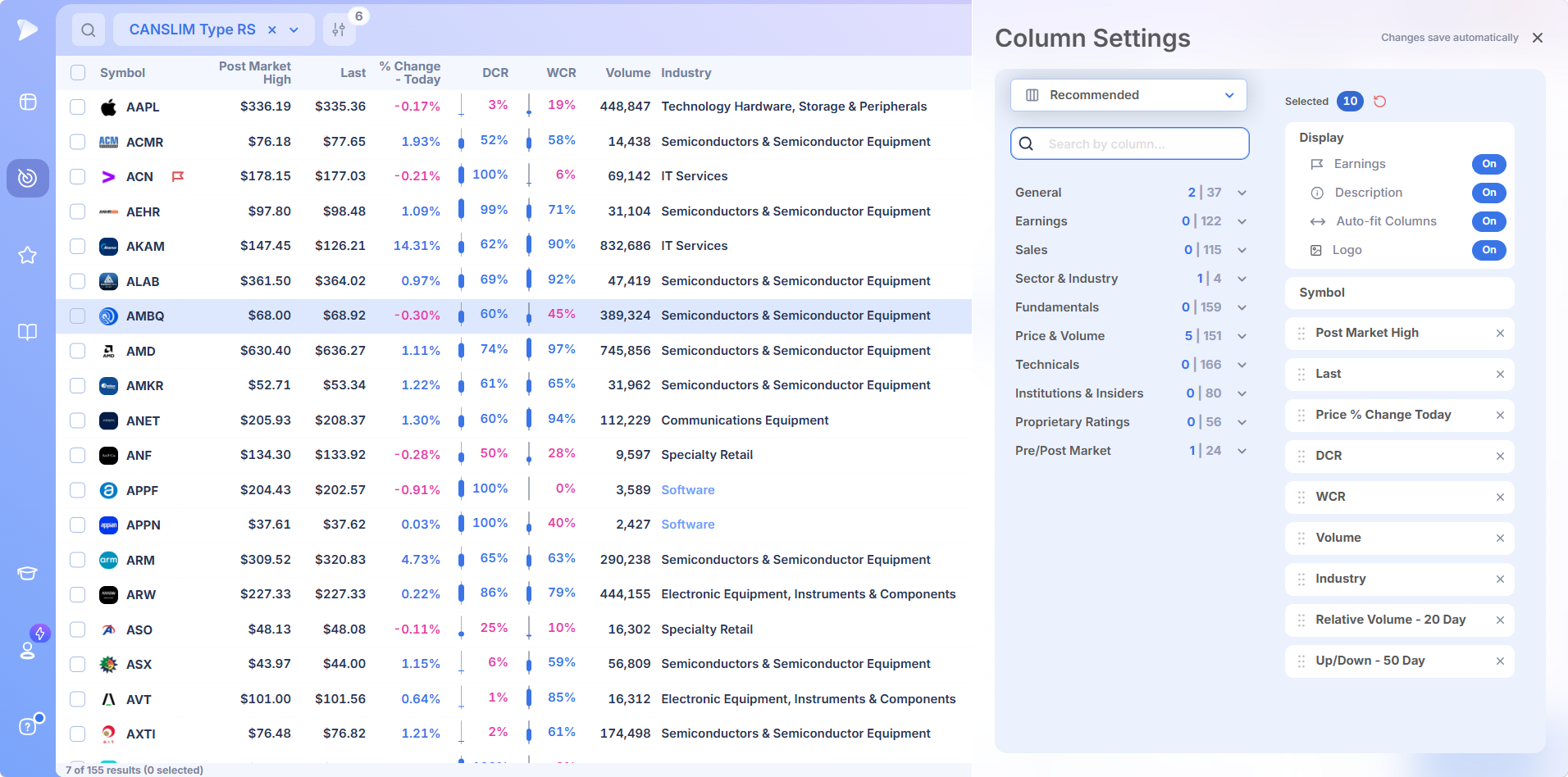Deepvue screener column field library organized by category