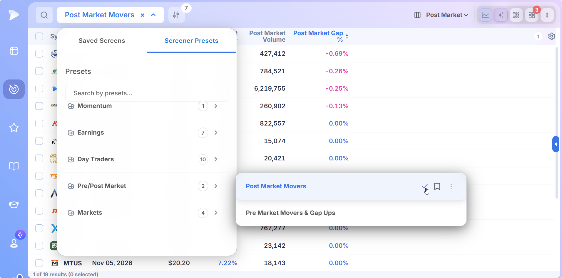 Stock Screener by Market Timing | Live, Premarket, After Hours | Deepvue Deepvue after hours screen selected in the screener preset menu
