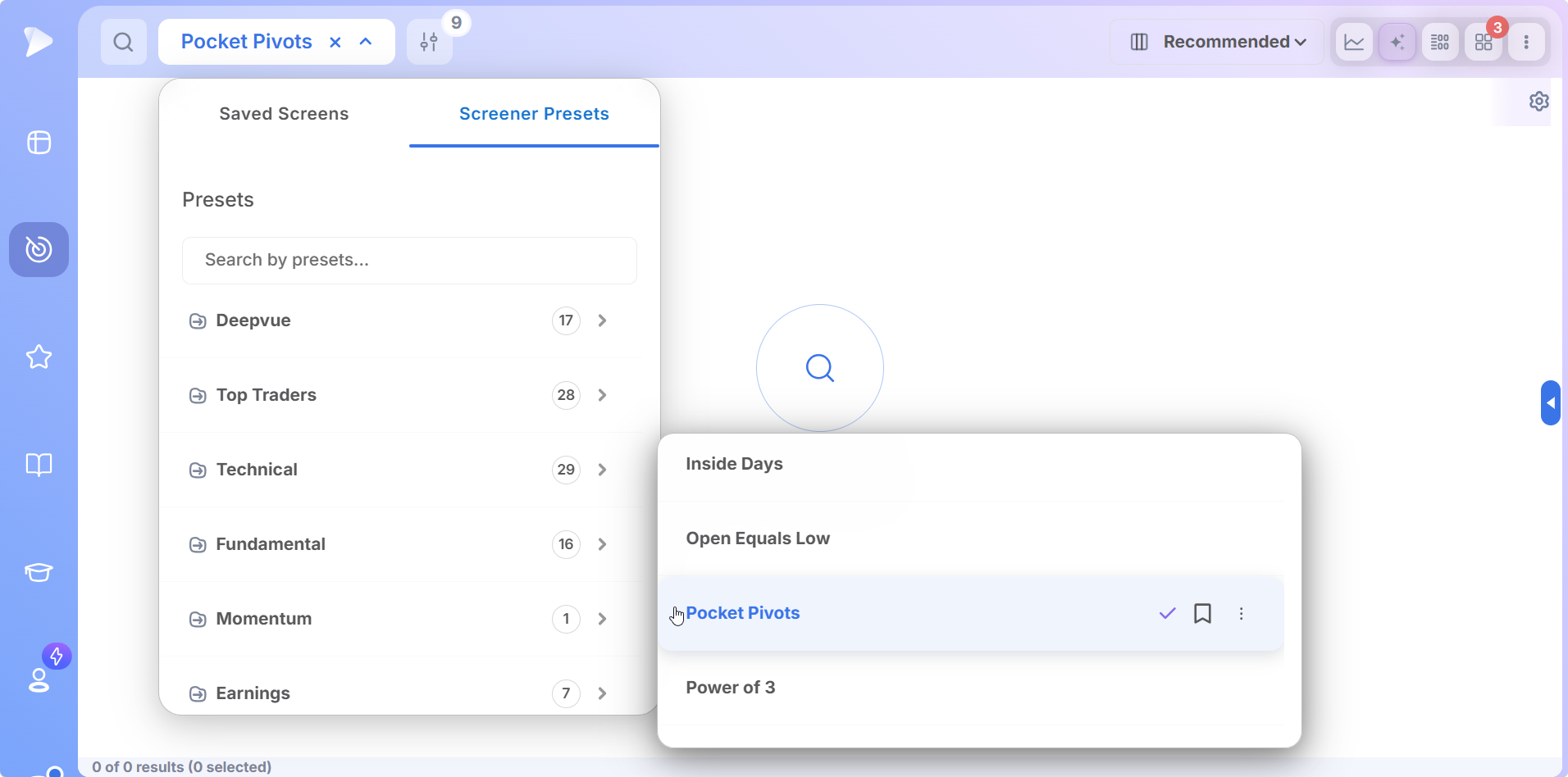 Pocket Pivots preset listed in the Deepvue Technical presets menu
