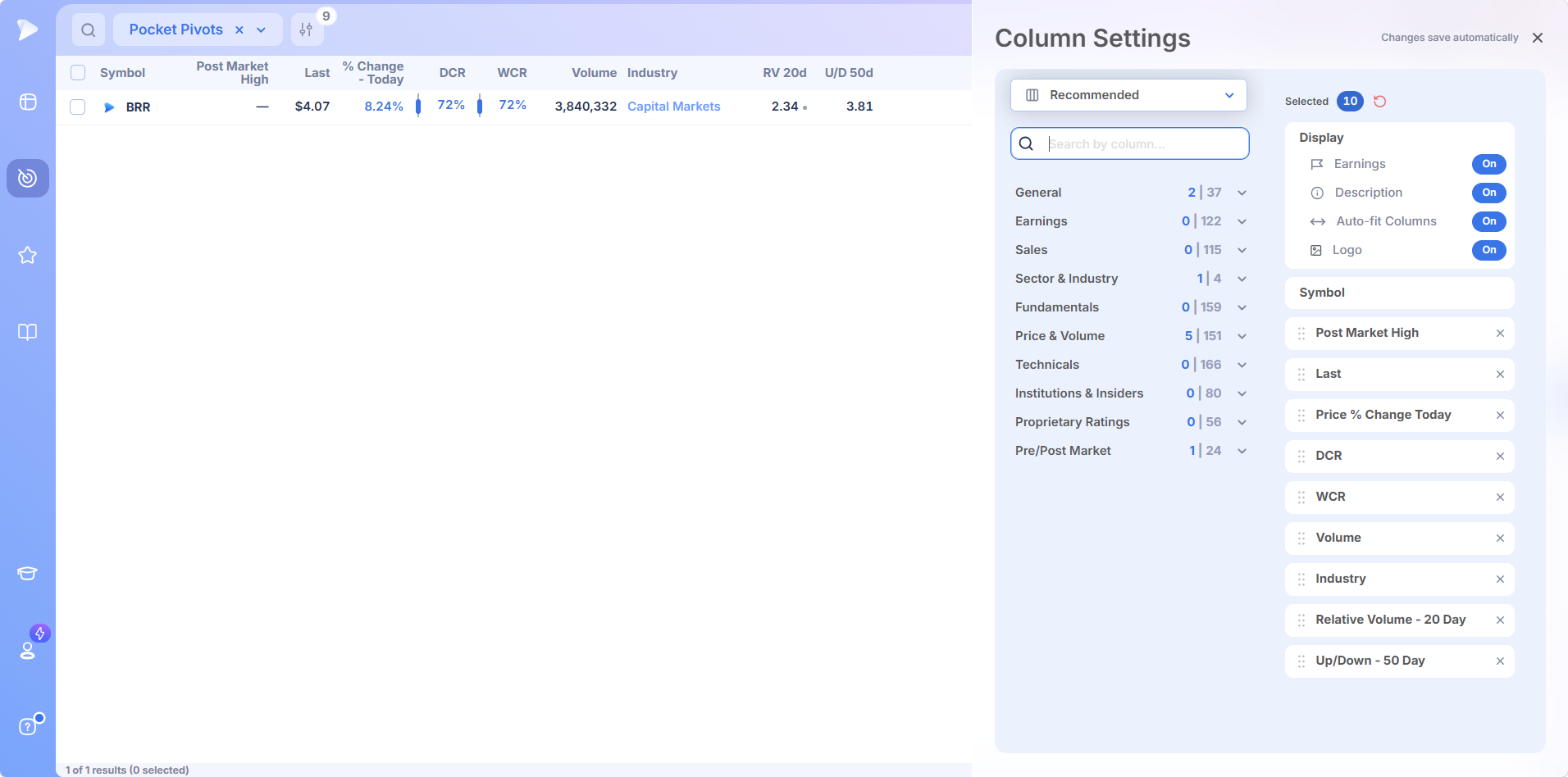Deepvue column picker with field categories and chosen pocket pivot columns in display order