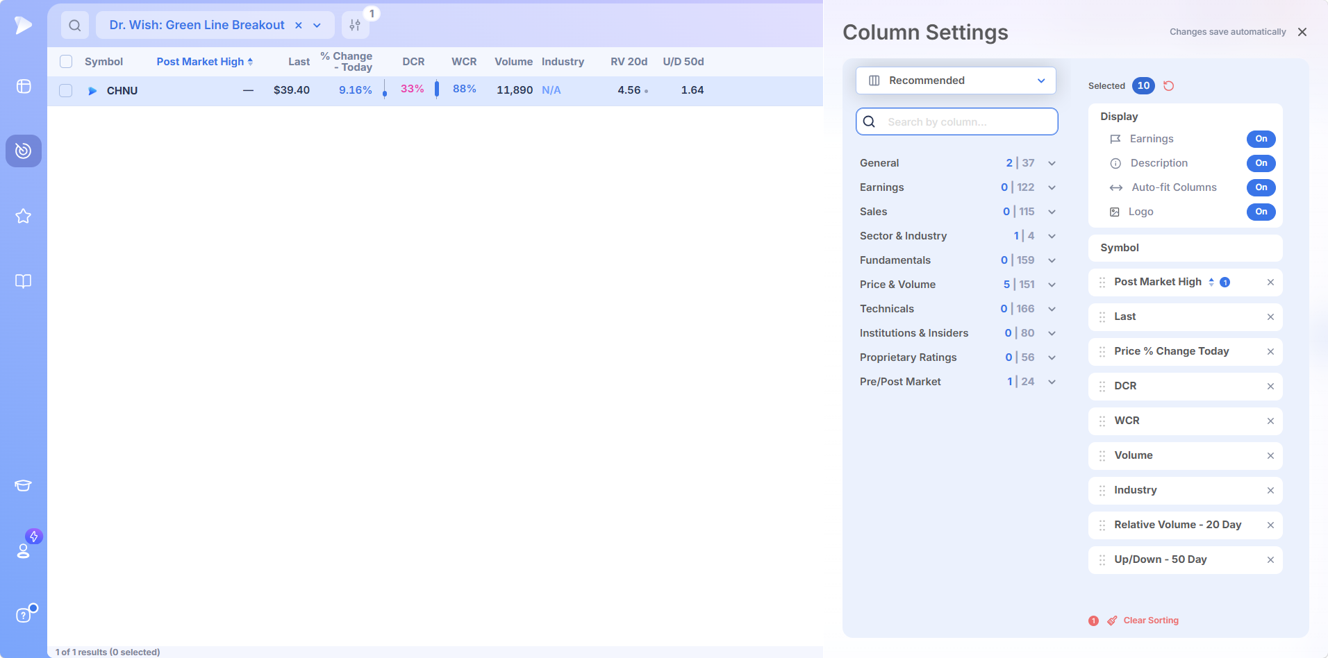Deepvue column settings with fields grouped by category and active columns listed in order
