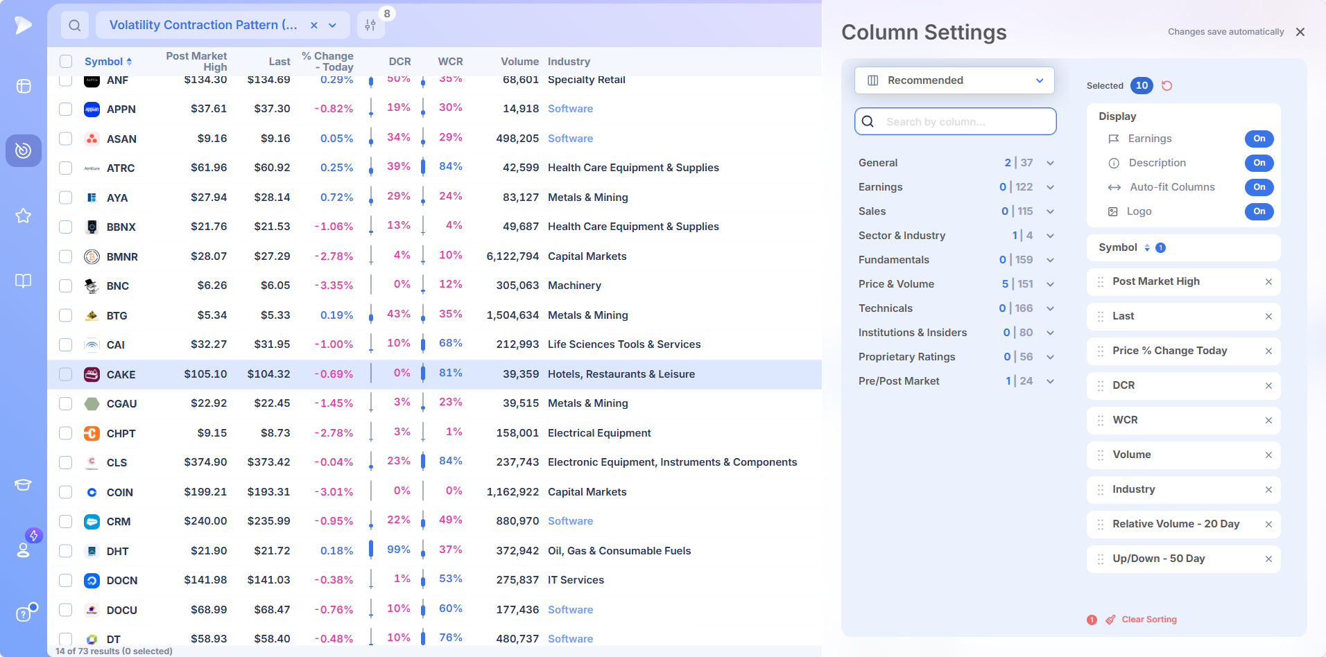 VCP Stock Screener | Deepvue Deepvue column settings grouping every screener field by category with selected columns in order