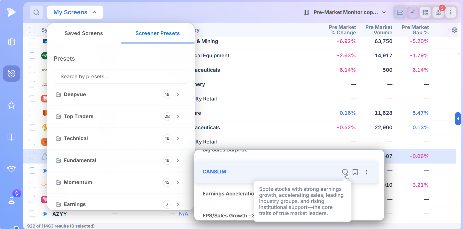 Deepvue for Traders Who Follow the CANSLIM® Methodology Screener Presets panel with the seven criteria preset description on hover
