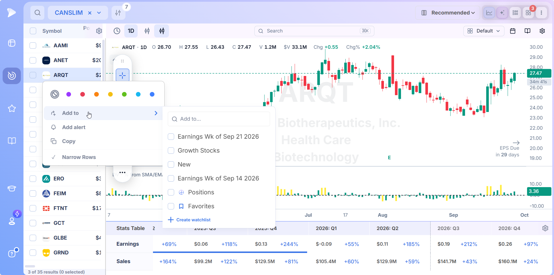 Deepvue for Traders Who Follow the CANSLIM® Methodology Right click menu on a screener row with add to watchlist option