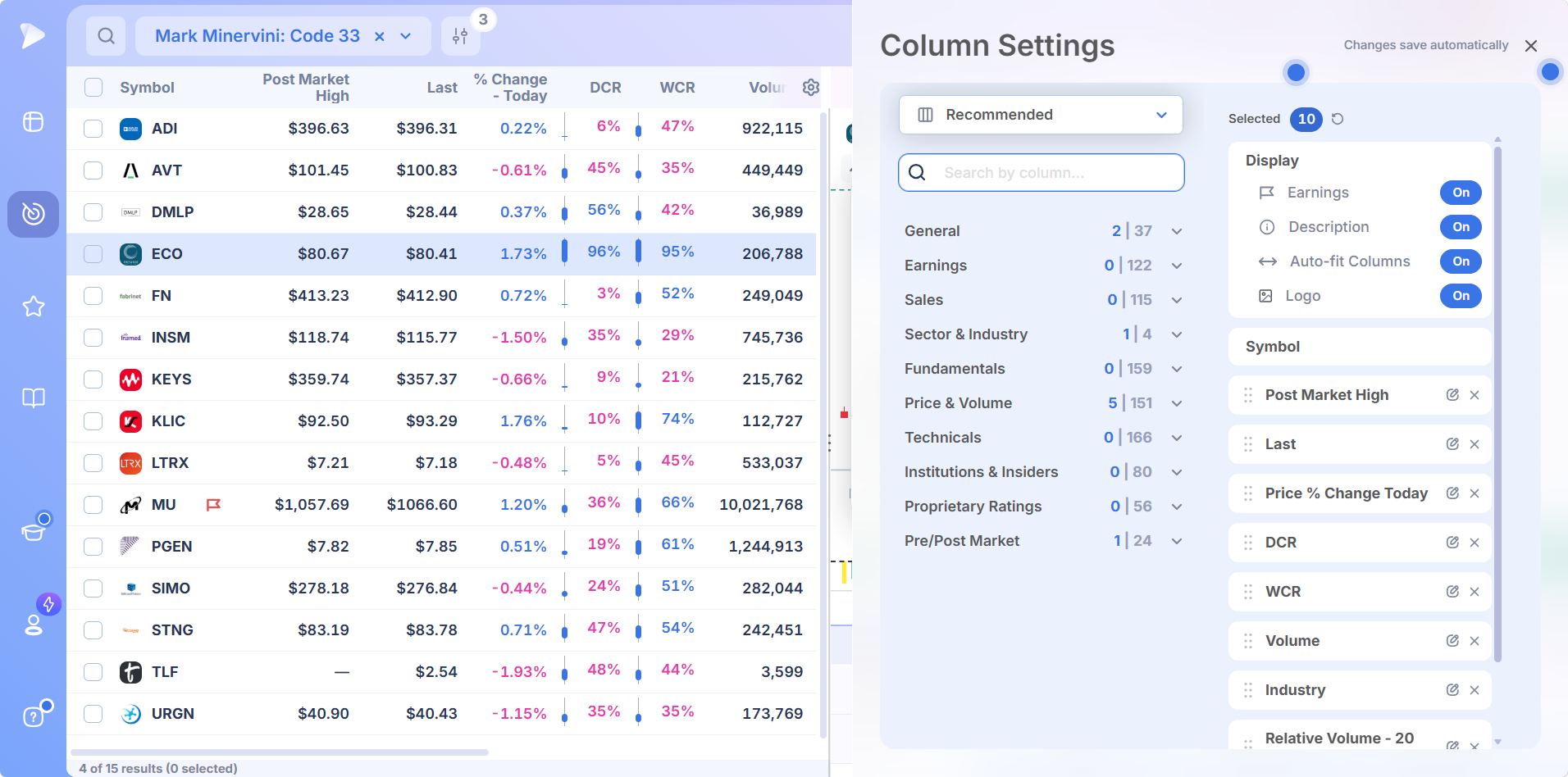 Deepvue column picker with field categories and the active columns for the Code 33 screen