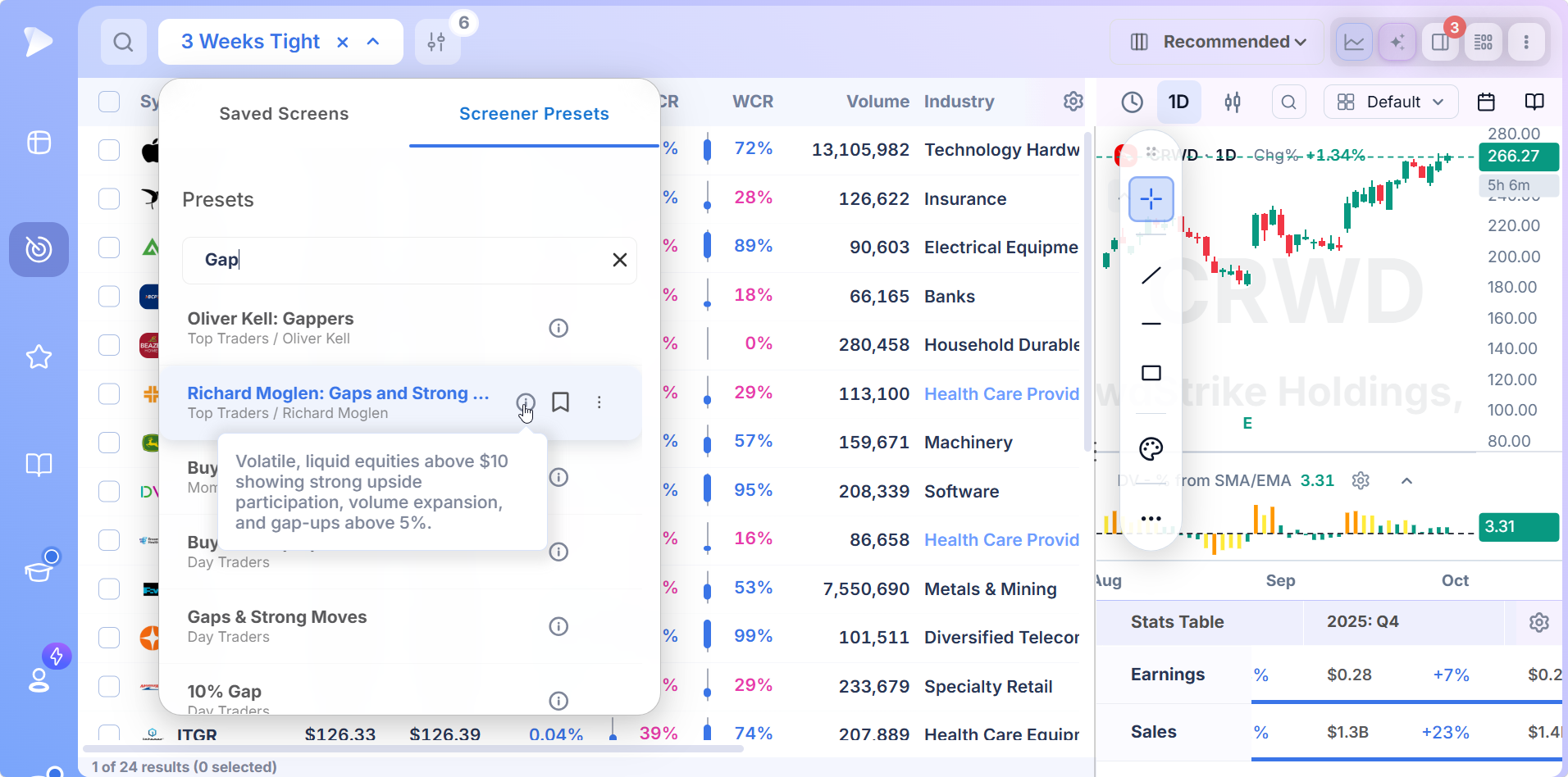 Stock Screener by Strategy | Deepvue Deepvue preset search returning matching strategy screens by keyword