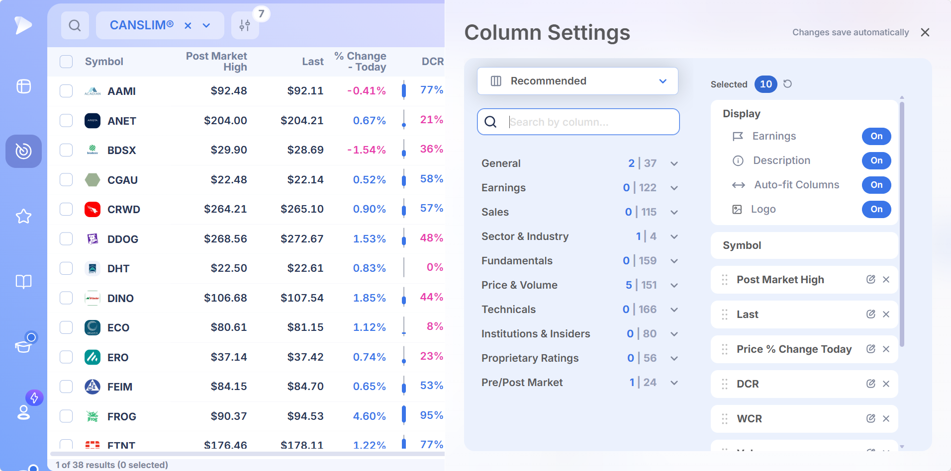 Deepvue column picker listing screener fields by category from earnings and sales to institutional data and proprietary ratings
