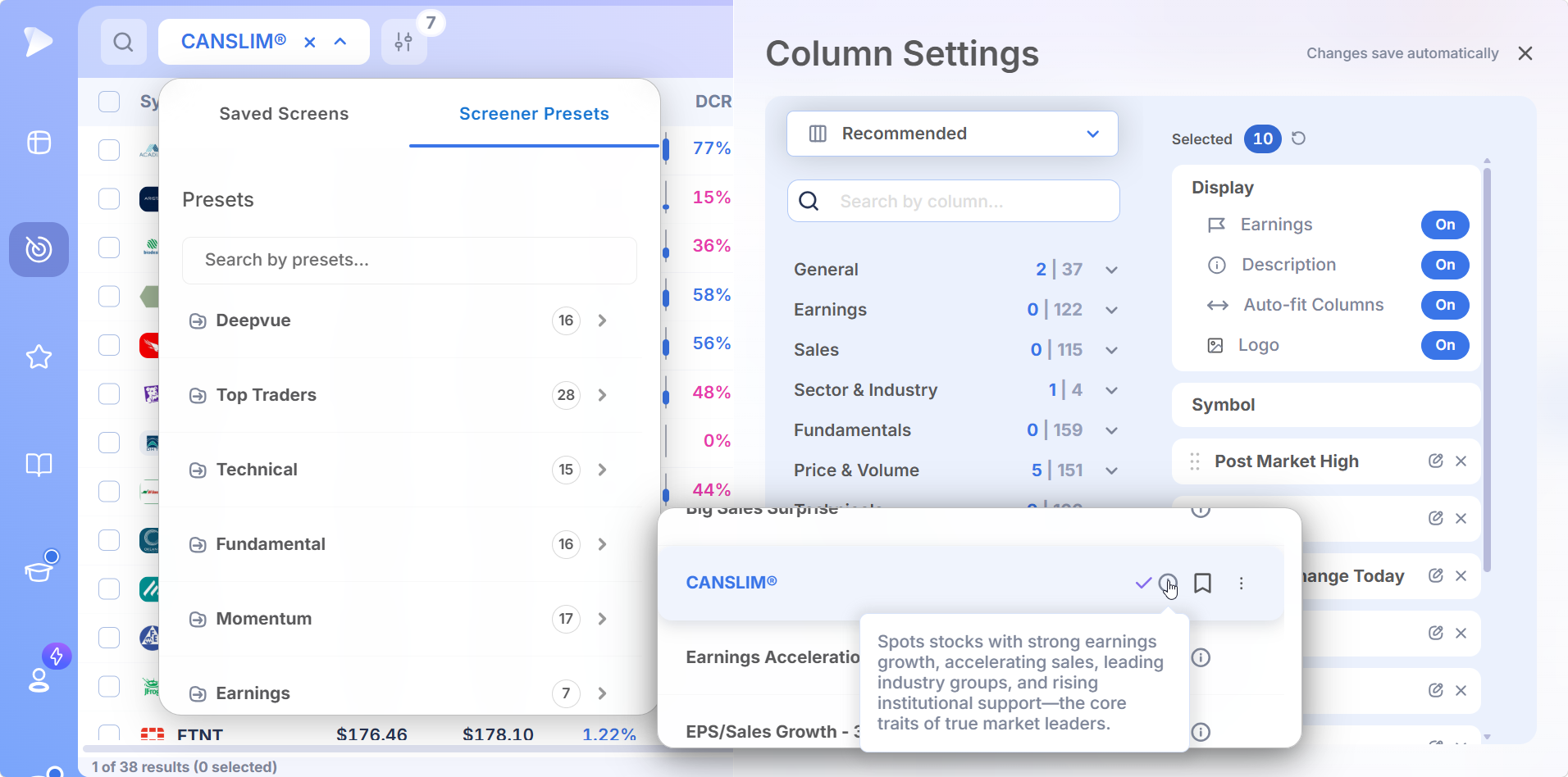 Deepvue Screener Presets panel showing the Seven Criteria Growth preset with its description on hover
